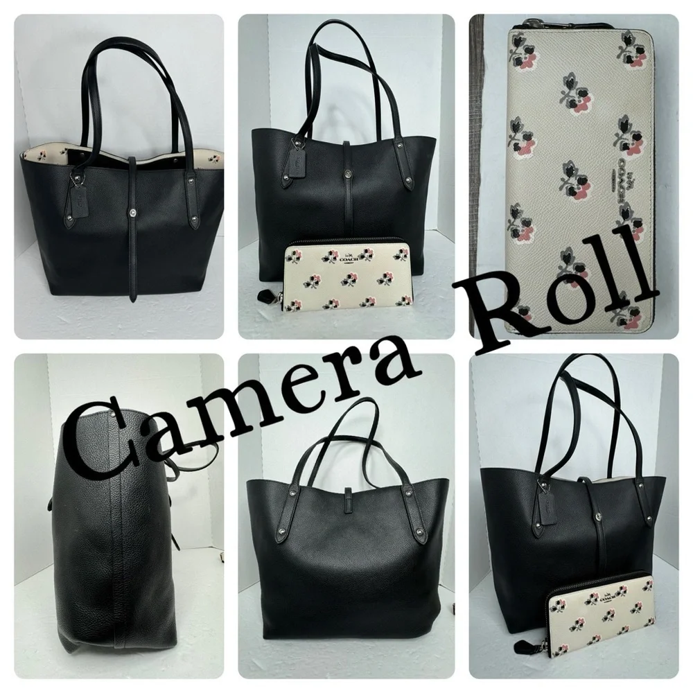 COACH MARKET TOTE IN BLACK PEBBLE LEATHER F36358 BRAMBLE CHALK FLORAL BAG